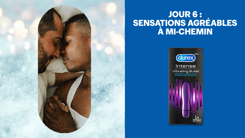 Écran partagé de deux hommes se frottant le nez sur un fond hivernal à côté d’un vibromasseur Durex Intense.