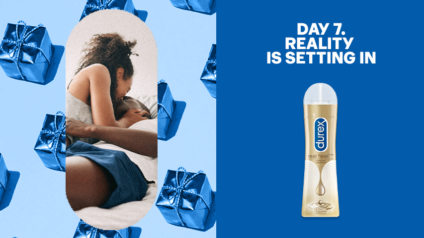 Split screen image of woman kissing her partner in bed against blue gift background next to Durex Real Feel lube.