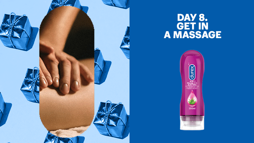 Split screen image of hands rubbing partner’s back against blue gift background next to Durex Play Massage 2 in 1 Aloe Vera bottle.