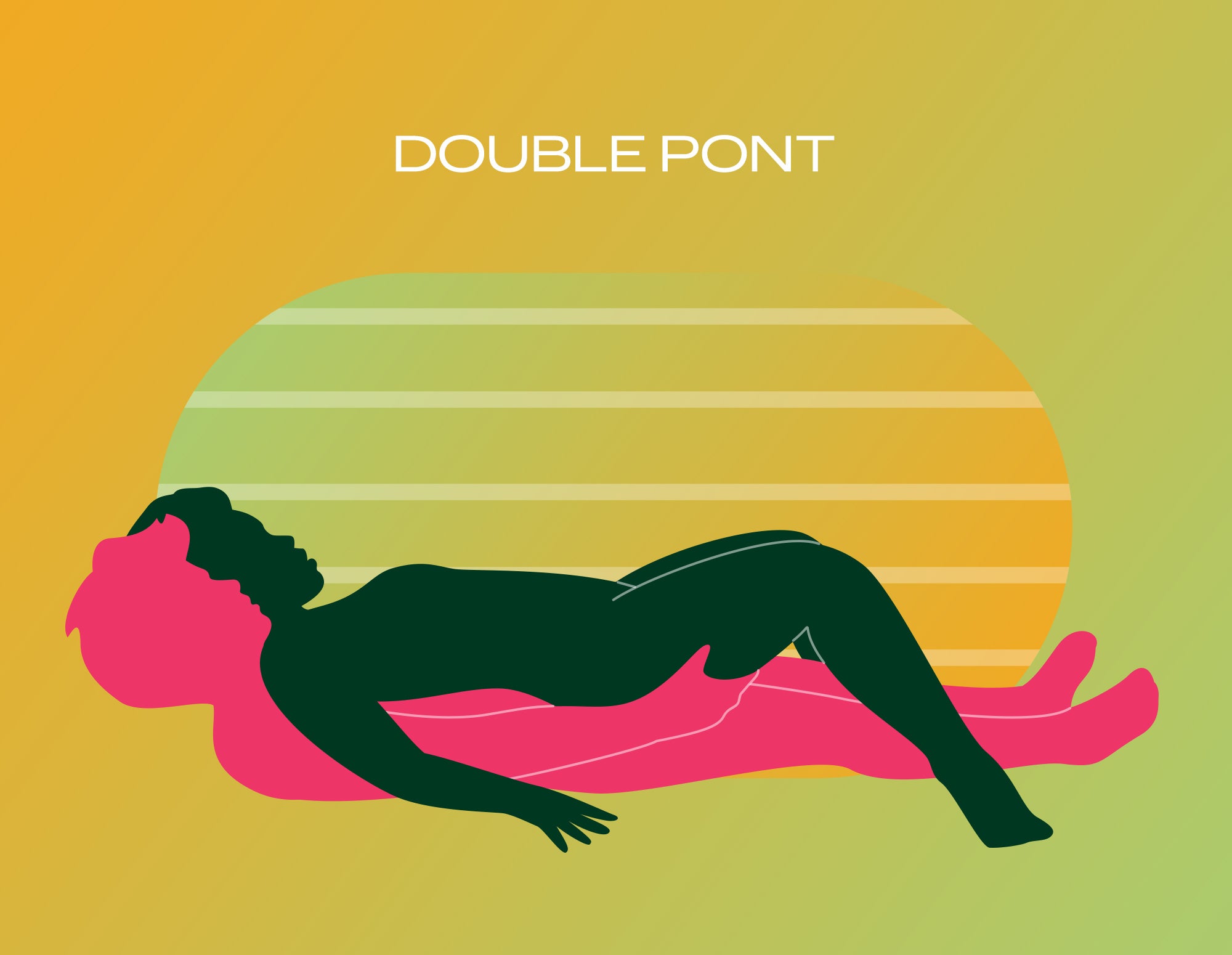 Illustration d’un couple dans la position sexuelle du double pont sur un fond vert et orange délavé.