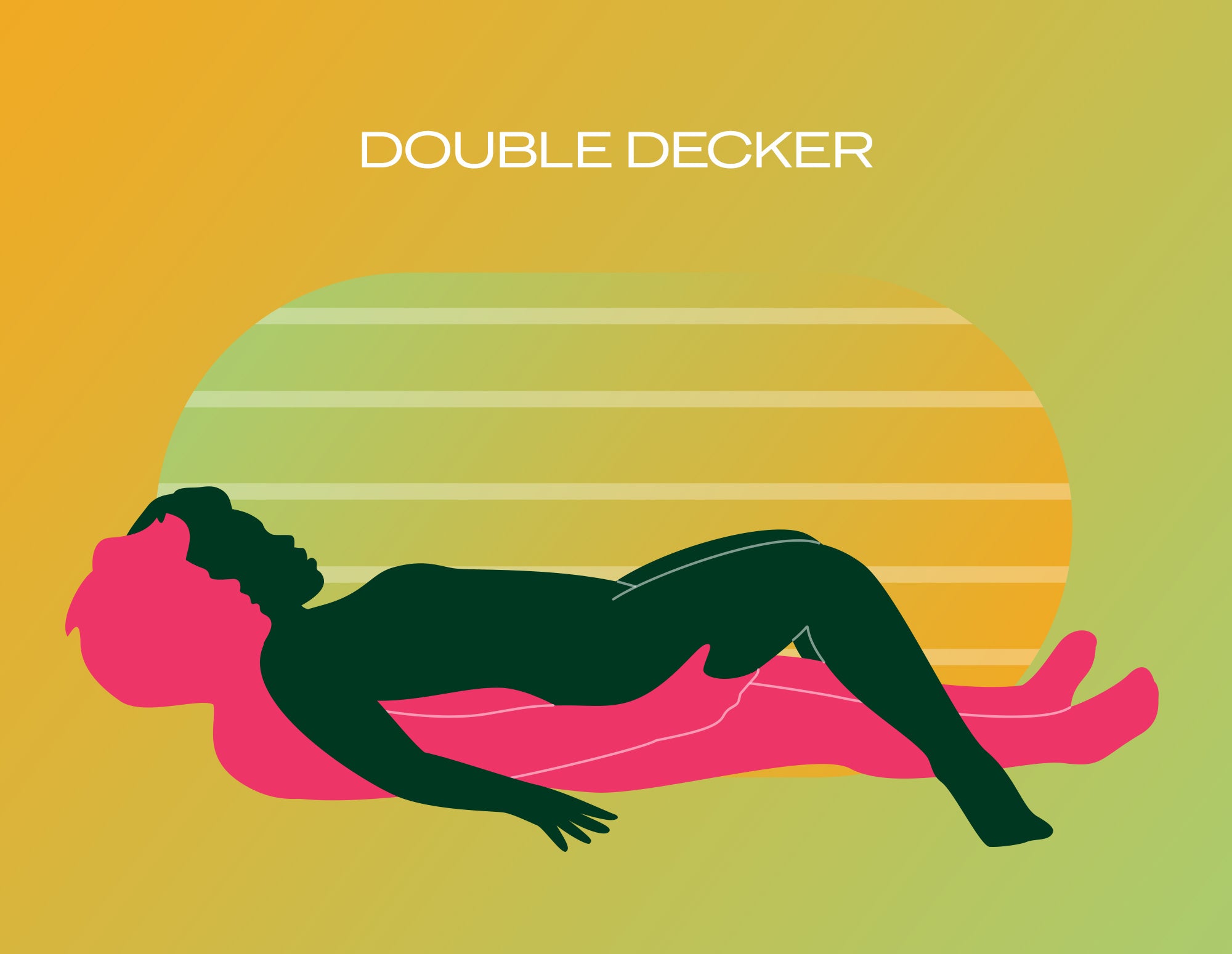 Double decker sex position illustration of couple with faded green/orange background.