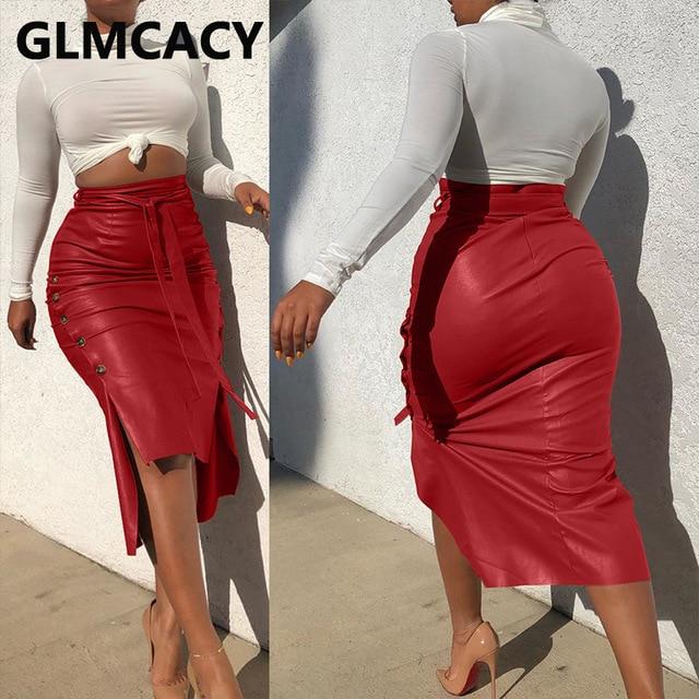 Women High Waist Bodycon Belt PU Skirts Slit Sexy & Club Streetwear Pencil Leather Skirt - Olanquan Fashion Boutique