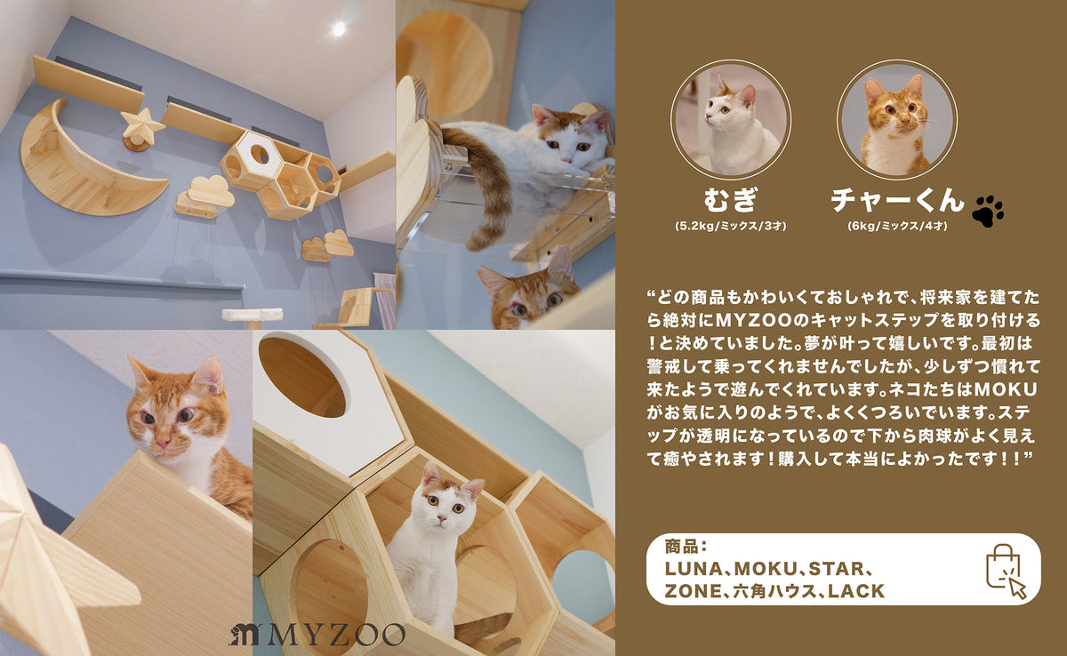 どの商品もかわいくておしゃれで、将来家を建てたら絶対にMYZOOのキャットステップを取り付ける！と決めていました。夢が叶って嬉しいです。最初は警戒して乗ってくれませんでしたが、少しずつ慣れて来たようで遊んでくれています。ネコたちはMOKUがお気に入りのようで、よくくつろいでいます。ステップが透明になっているので下から肉球がよく見えて癒やされます！購入して本当によかったです！！