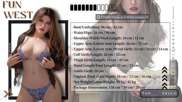 Juliette er en ekstrem realist sexdukke laget utelukkende av silikon. En 166 cm høy dukke med sjarmerende utseende og store bryster (F-cup). FunWest Doll er en veletablert produsent av realistiske dukker og deres silikon dukker virkelig verdensklasse.