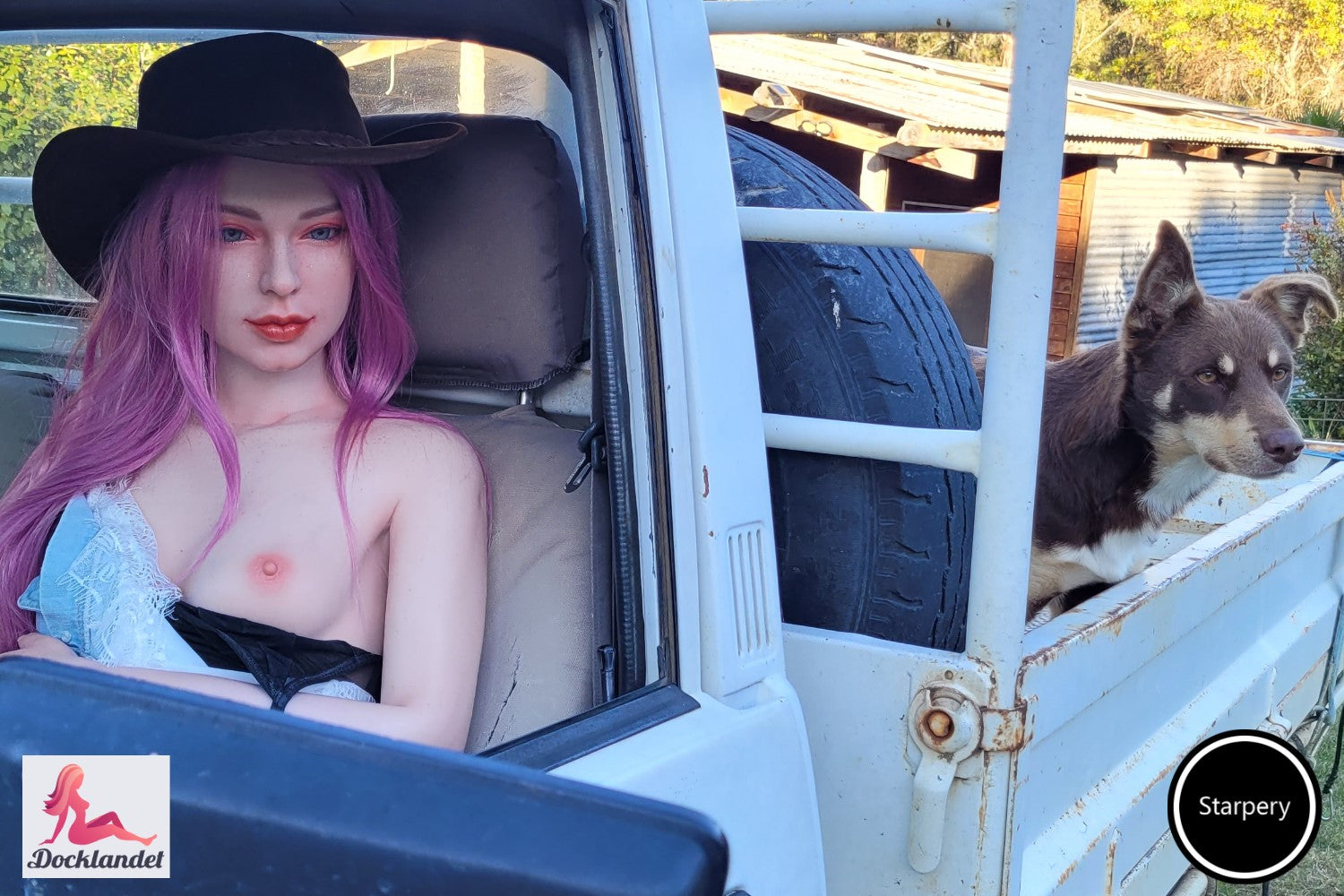 Starpery Queen 171cm A-cup sex doll. Pink hair real doll with small breasts and blue eyes. Sitting in a car with a cowboy hat and a dog. Docklandet stores in Sweden. Free delivery to the whole EU.