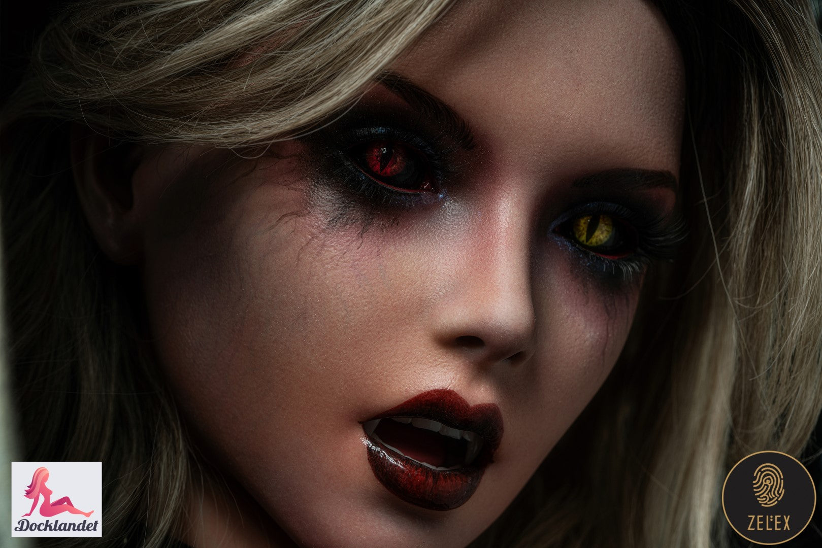 Zelex 170 cm Real Doll Halloween-Vollsilikon-Sexpuppe im Dämonenstil mit verschiedenen Augenfarben und dämonischem Make-up