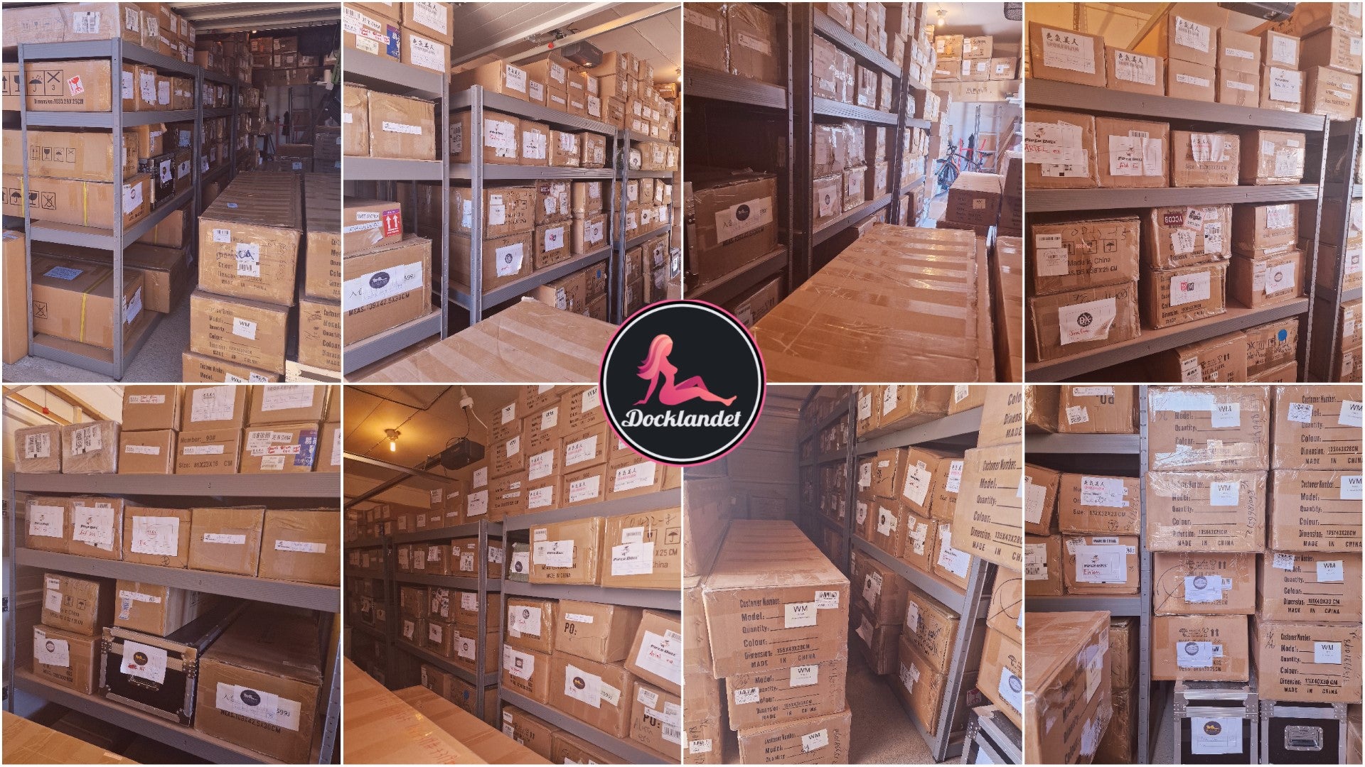 Pick up your sex doll at Docklandets warehouse in Borlänge. The picture shows several packaged sex dolls and the Docklandets logo in the middle.