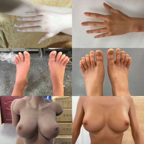 TPE vs silicone - here you see comparisons of hands, feet and chest, TPE on the left and silicone on the right