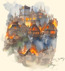 A wonderfully detailed and fleshed-out Dungeons and Dragons town which the party of murder-hobos have set fire to