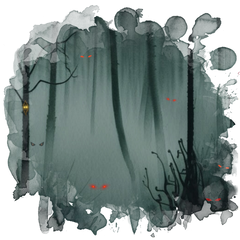 A creepy dark haunted forest with glowing eyes watching unwary adventurers out of the gloom, DnD 5e encounters