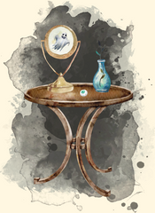 A side table inside a haunted house with a ghost reflected in the mirror - D&D horror one-shot ideas
