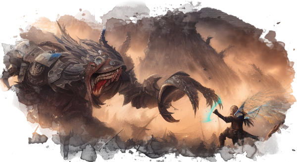 Epic Dungeons and Dragons encounters, a lone mage stands against a strange giant metallic lobster with teeth against a back drop of fire and a volcano. If I'm honest, the adventurer doesn't really stand a chance judging by the size of those teeth