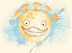 A cute image of a beholder like monster that has been adapted to be friendly and smiley