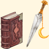 a watercolor spellbook and dagger with holy amulet to symbolise the wizard and paladin classes