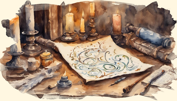 a watercolor painting of yet another spell scroll with natural ink patterns and magic symbols