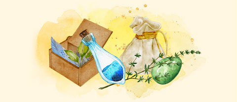a watercolour image of spellcaster components including magic gems, potions, feathers and herbs