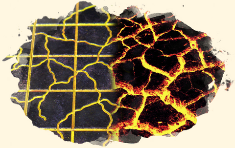 An image of my cracked stone lava effect from this painting guide painted onto dnd dungeon tiles next to real world lava to show the similarities