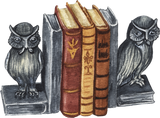Three leather books on a shelf, probably the monster manual, Modenkainen's's tome of foes and Volo's guide to monsters