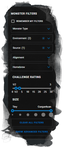 Showing the filters you can input to narrow down your choices of monsters to what feels most relevant to your combat encounter