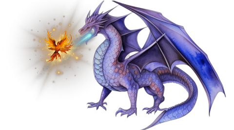 Two monsters of different sizes engaged in combat with each other, a big purple dragon firing icy blue magic at a tiny but furious fire bird
