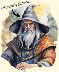 a watercolor painting of a nefariously plotting dnd wizard who is designing new dungeons and dragons traps