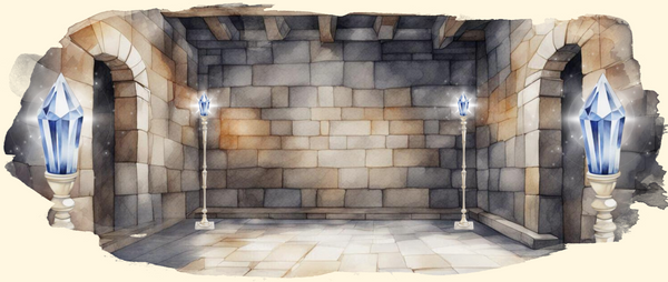 a watercolor painting of a dnd dungeon trap room with four glowing crystals. free dnd complex traps, dungeons and dragons, dnd 5e traps
