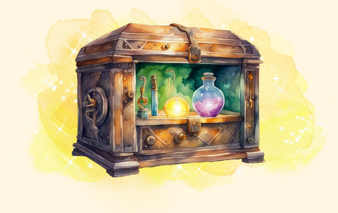 a watercolor painting of a wizards chest filled with magical items and treasure