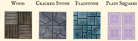 The four different terrain surface options for Modular Realms DnD Dungeon tiles are wood, cracked stone (1 inch squares with a network of interlocking cracks running across it), flagstone (a paving of different size and shape rectangular shapes made to look like a wall or road), and plain stone. The plain squares are great for pairing with dungeon decals.