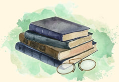 Watercolor illustration of books and a pair of glasses - dungeon master tools that I use all the time!