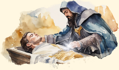 A watercolor painting of a kindly cleric casting raise dead on some unfortunate soul.