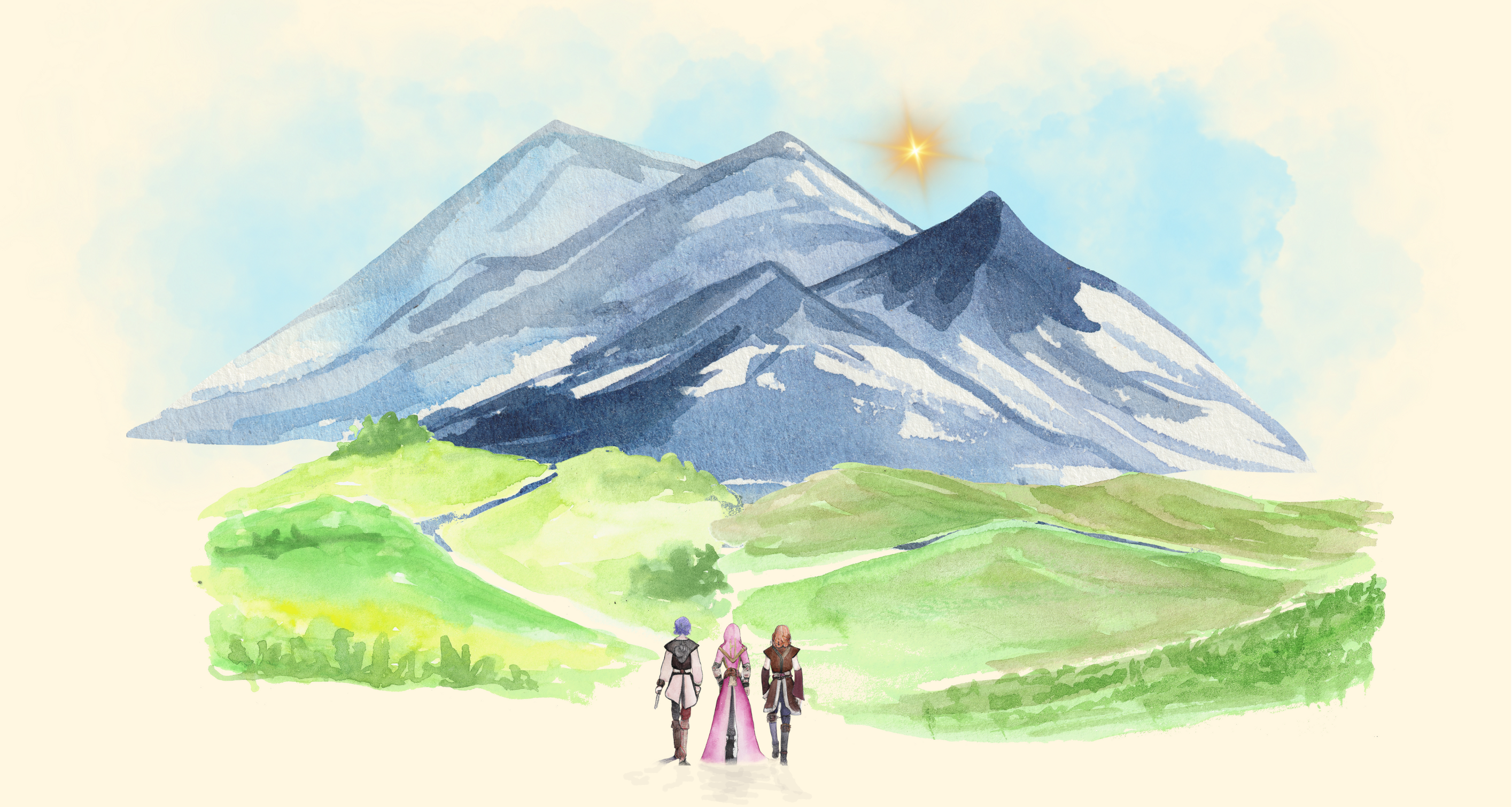 Get inspiration for running DMPCs here image of mountains and DnD adventuring party looking to the horizon Dungeons and Dragons fifth edition 