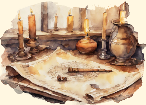 Watercolor painting of a spell scroll sat on a wizards desk DnD 5e