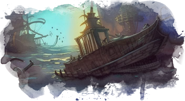 Watercolor image of a sunken shipwreck deep below the waves - D&D underwater encounter ideas