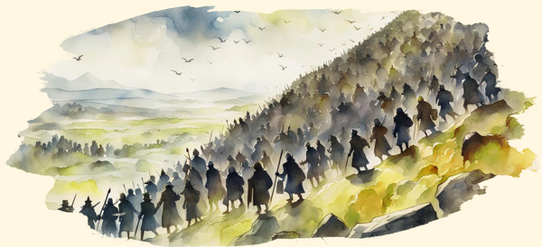a watercolour illustration of an army of adventurers off on a grand adventure