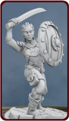 A custom DnD mini in a fighting lunge using sword and shield