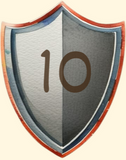 a watercolor shield with ten on it to symbolise the base armor class