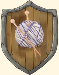 a watercolor image of Ethel's shield. It is a wooden shield with a knitting sigil on it because that's how she rolls. DnD shields