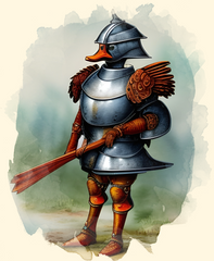 A watercolor image of a heavily armored duck waiting to be attacked, DnD 5e armor class