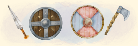 A watercolor illustration of two shields and two weapons as a divider to illustrate why the dungeons and dragons rules say you can't use two shields at once and attack. DnD armor class explained