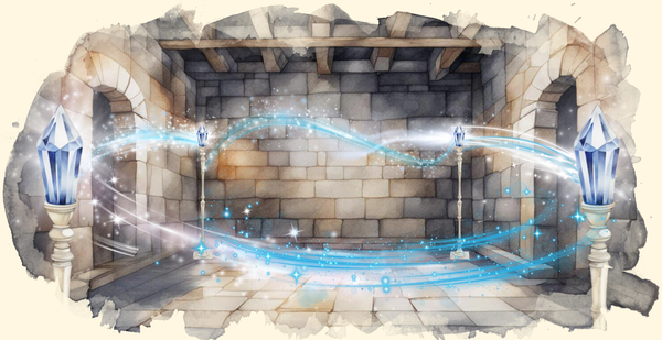 a watercolour painting of a trap room with four magical crystals activated and magic energy flowing between them, dnd trap ideas, dungeons and dragons traps
