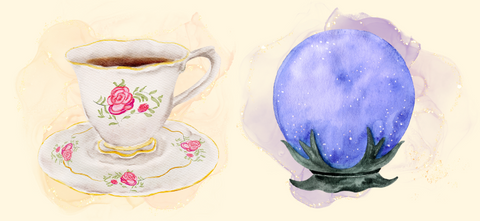 watercoloor image of a teacup and crystal ball for divination magics dnd 5e