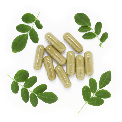 Organic Moringa Leaf Powder Capsules and fresh moringa leaves