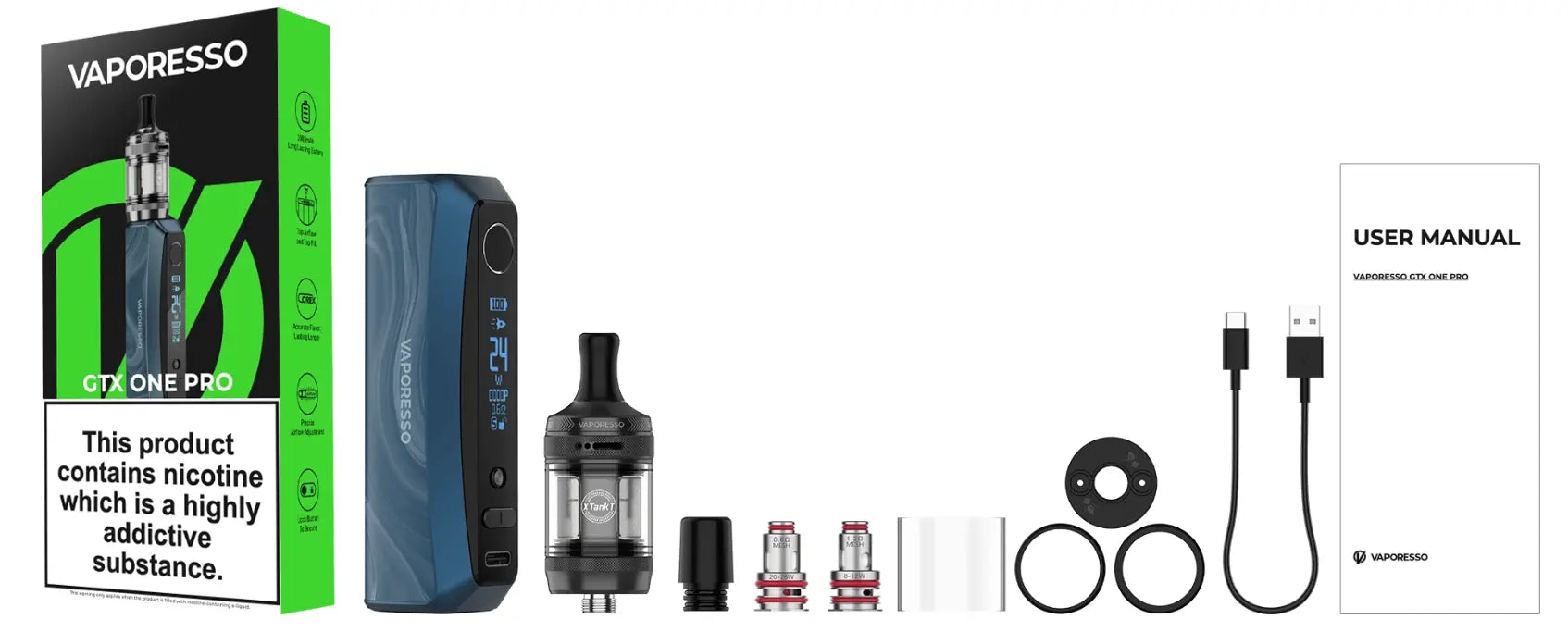 Vaporesso GTX One Pro box contents including the device, XTank T tank, two GTX mesh coils (0.8Ω and 1.2Ω), extra drip tip, glass tube, spare O-rings, Type-C charging cable, airflow adjustment ring, and user manual.