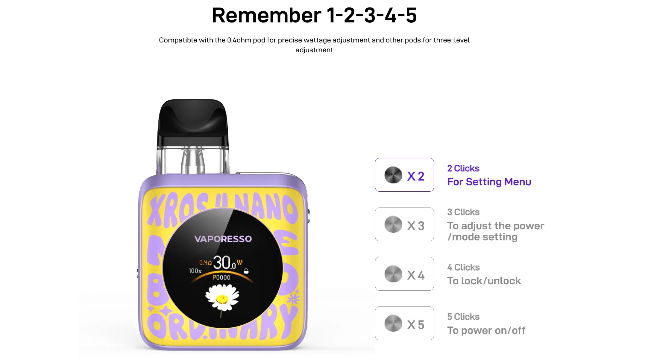 Vaporesso XROS 4 Nano showing 30W screen display, with a diagram listing button clicks for settings, mode adjustment, lock/unlock, and power