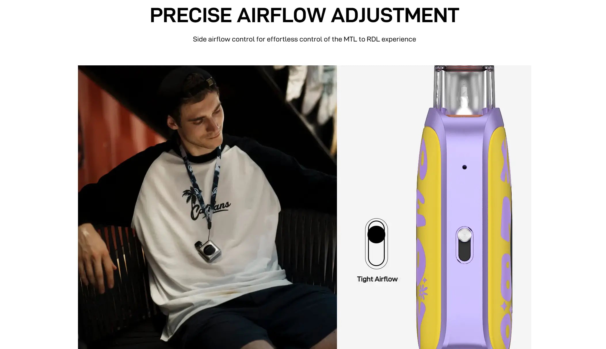 Vaporesso XROS 4 Nano with airflow slider shown, highlighting MTL to RDL adjustability