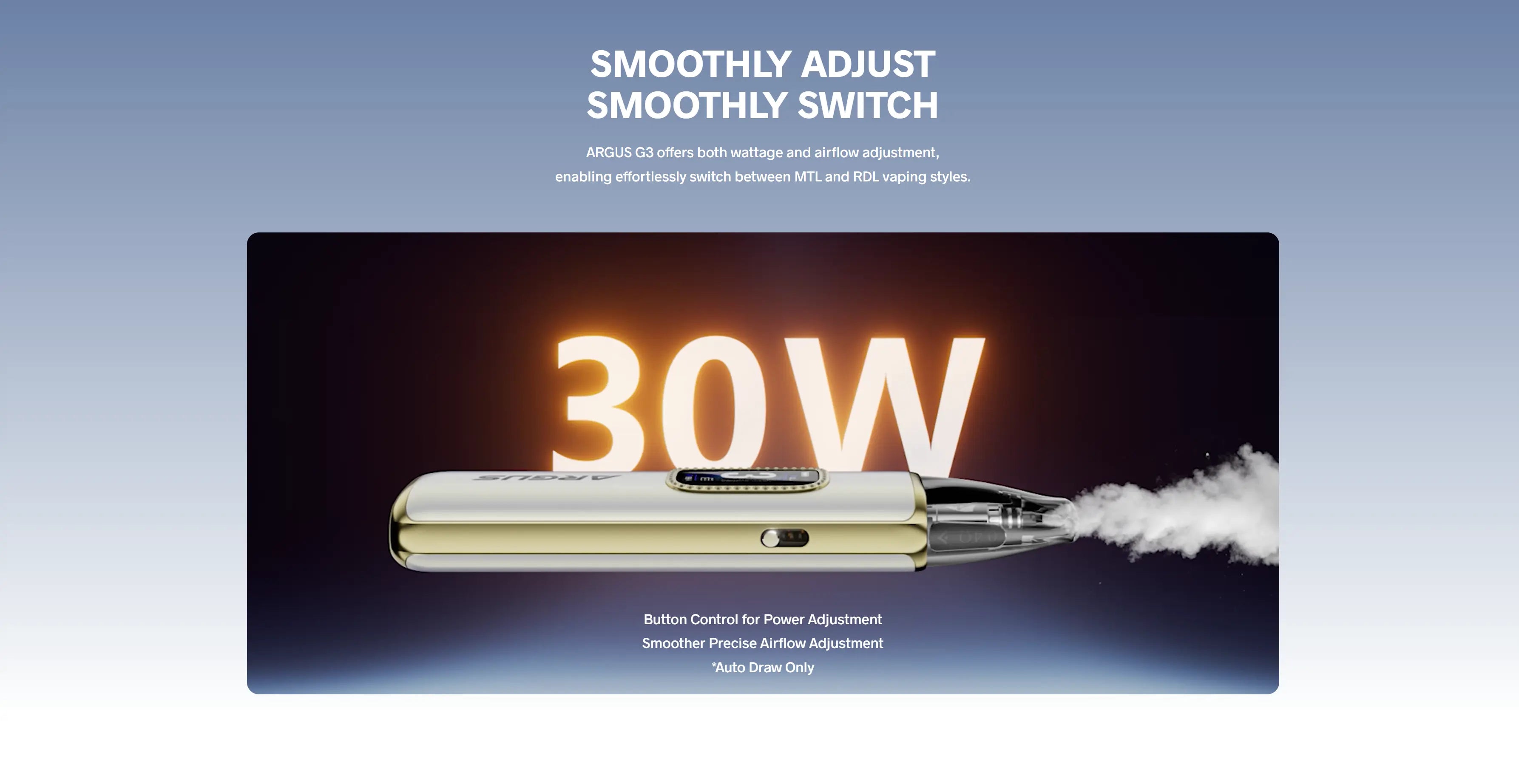 VooPoo Argus G3 with 30W adjustable wattage and precise airflow control