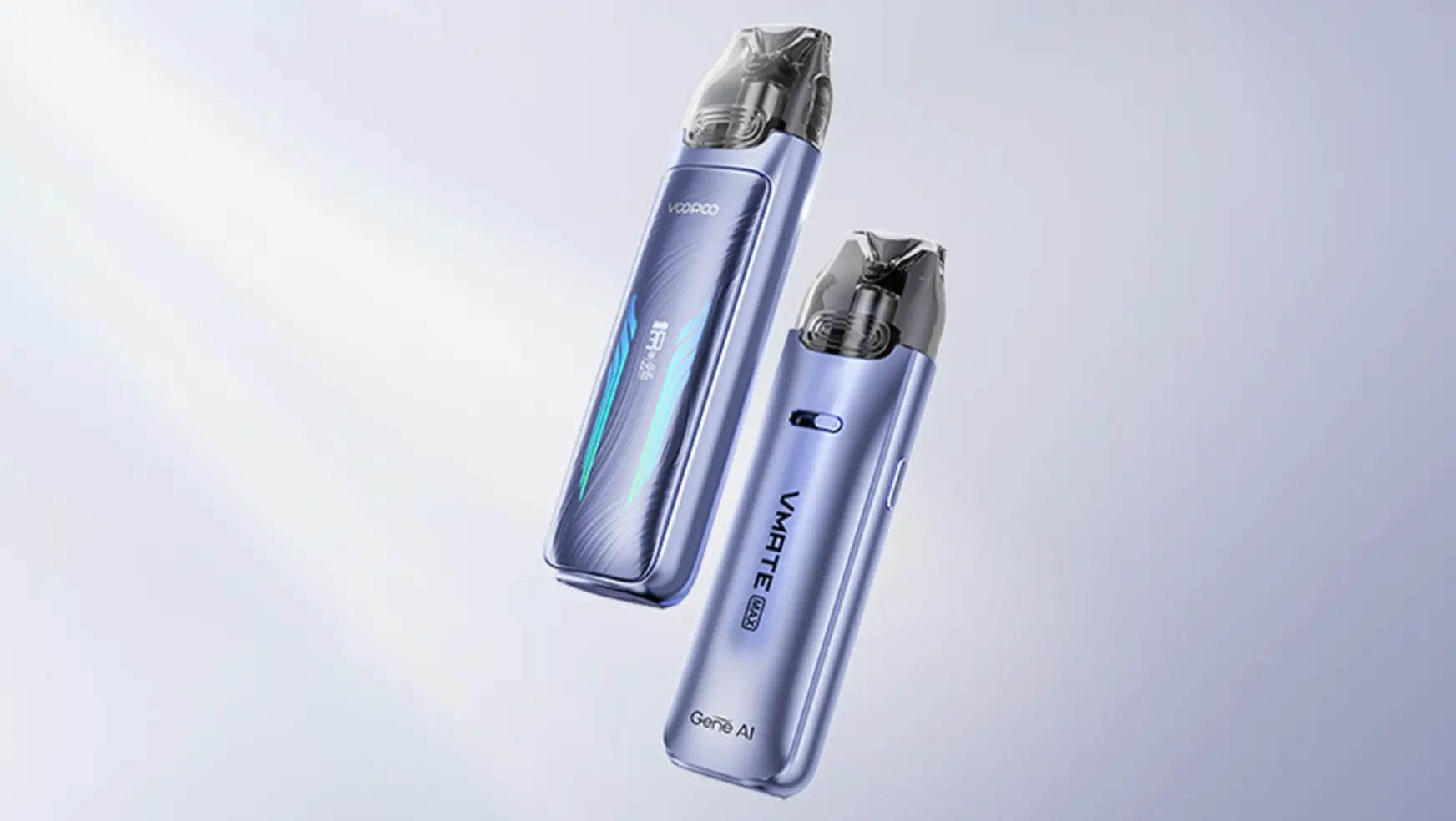Two VooPoo VMATE MAX pod kits in metallic blue finish, featuring sleek curved designs