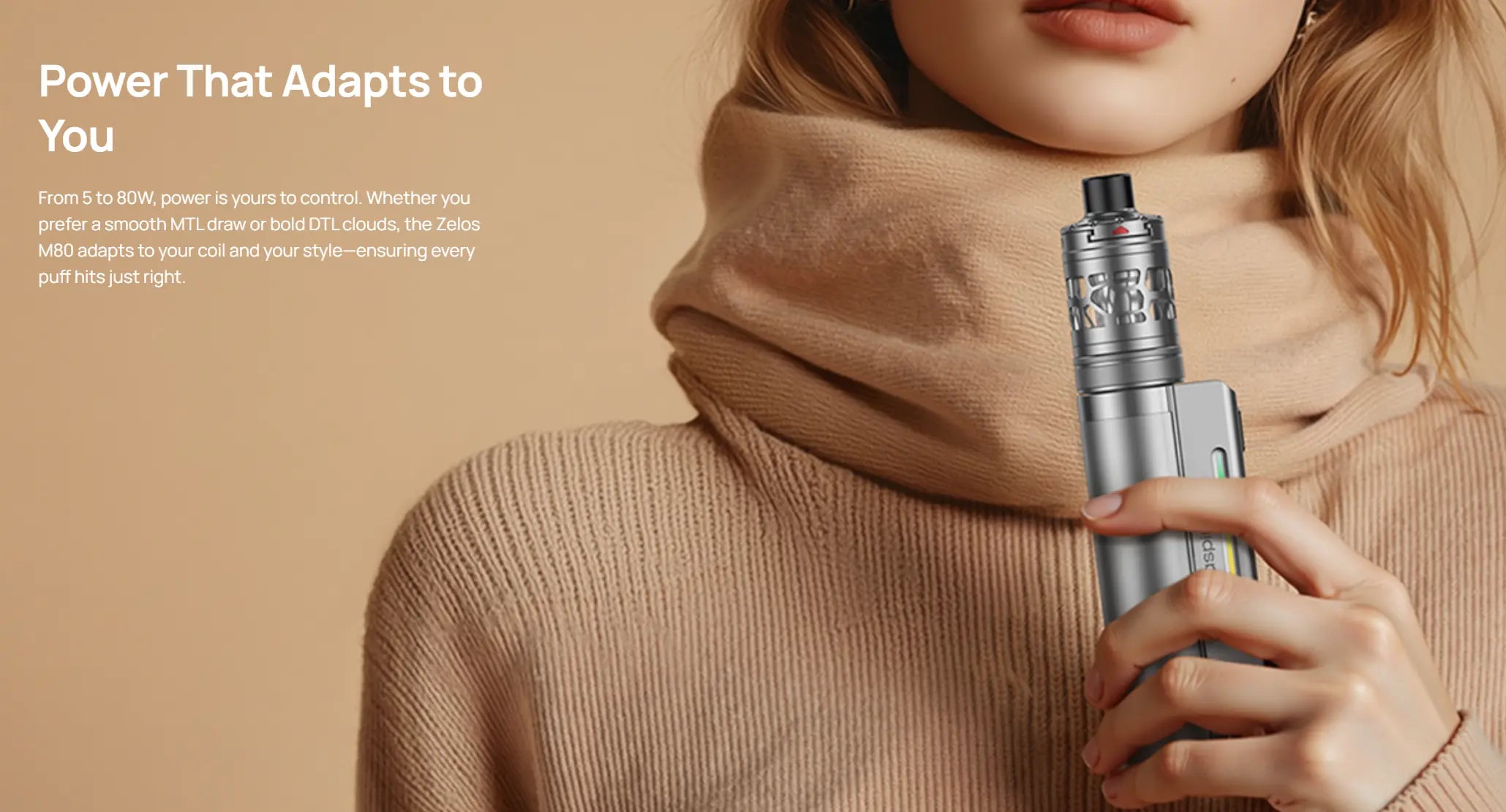 Aspire Zelos M80 vape kit 5-80W power control adapts to MTL and DTL vaping styles compact portable design