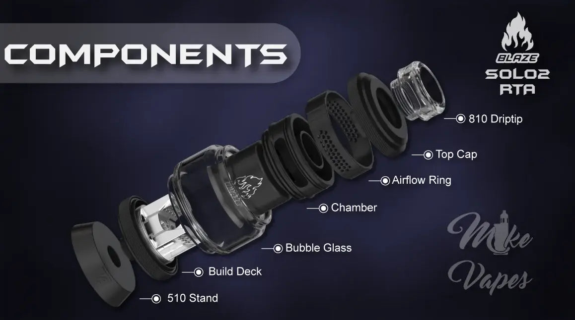 Exploded view of blaze solo 2 RTA showing 810 drip tip, top cap, airflow ring, chamber, bubble glass, build deck, and 510 stand.