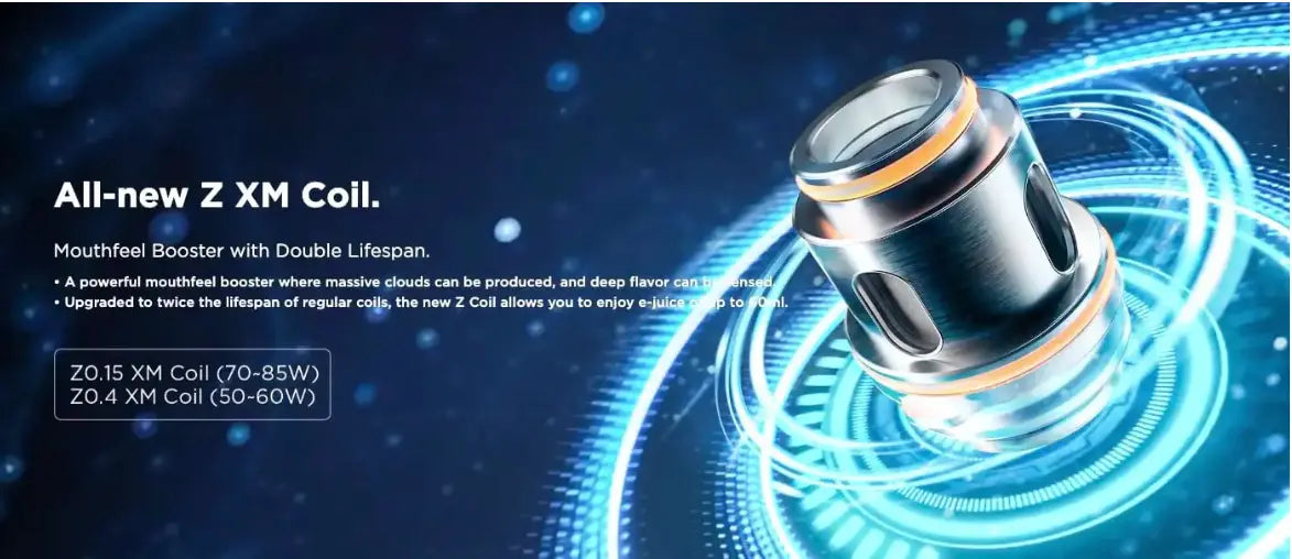 GeekVape all-new Z XM Coil displayed with a futuristic blue digital background. Text highlights its enhanced mouthfeel, double lifespan, and compatibility with Z0.15 XM Coil (70-85W) and Z0.4 XM Coil (50-60W).